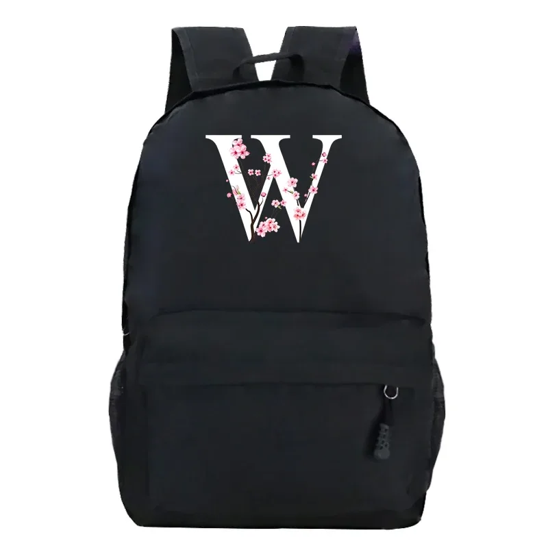 sacs à dos d'école pour jeunes sakura fleur a-z alphabet grande capacité toile harajuku mode fermeture éclair esthétique épaules sacs noirs