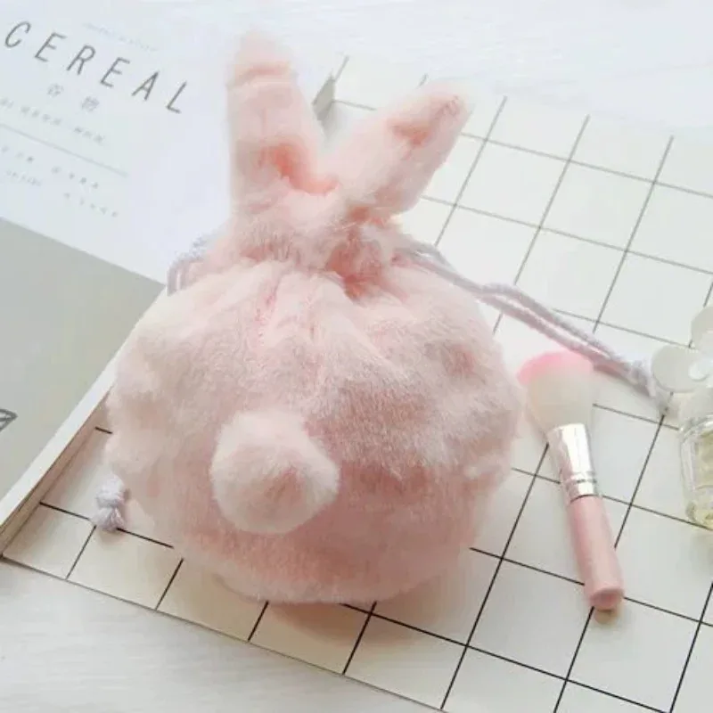 sac de rangement en peluche de dessin animé, trousse de maquillage, pochette à cordon avec oreilles de lapin, sac pour téléphone, porte-monnaie, sac de rangement multifonctionnel