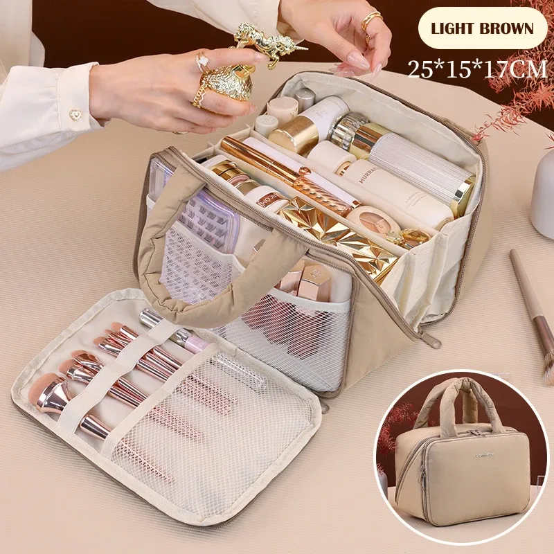 trousse de toilette avec séparateur et poignée, grande capacité, organisateur de maquillage à ouverture large, fermeture éclair, nouveau design, sac cosmétique de voyage mignon