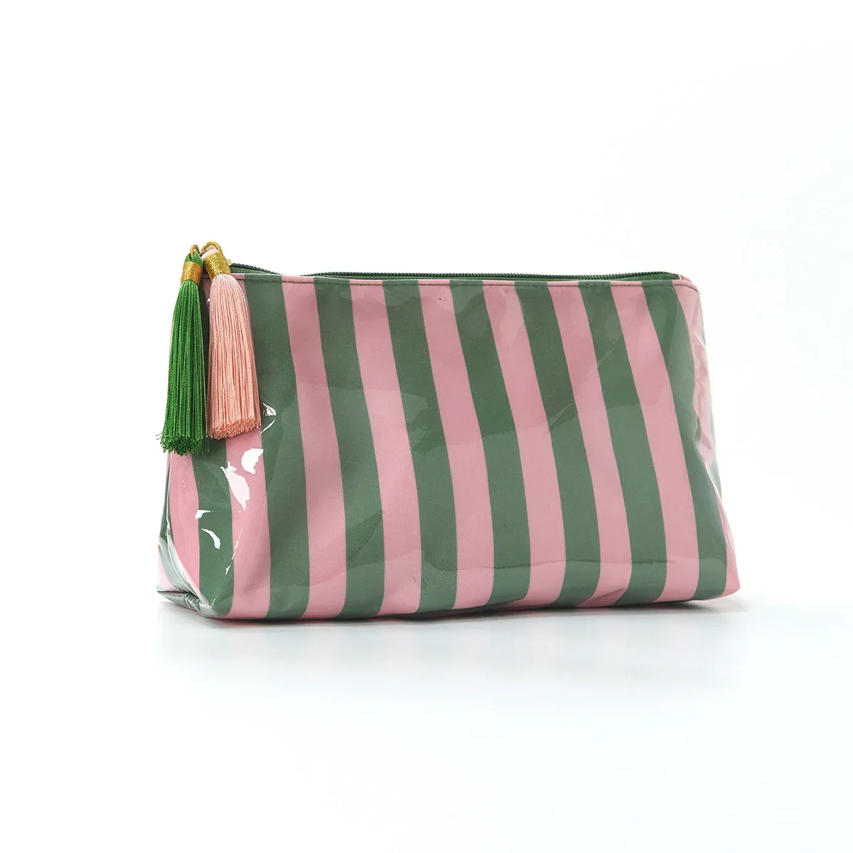 sac cosmétique rayé en pvc, trousse de maquillage avec franges et fermeture éclair, trousse de toilette imperméable pour voyage, étui pour pinceaux de maquillage