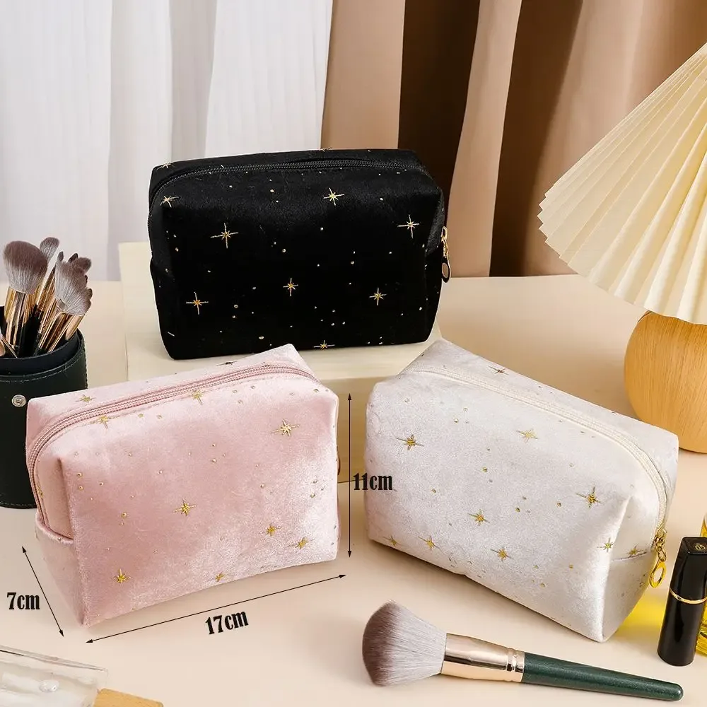 trousse de toilette en velours doux pour femme, sac cosmétique portable, motif étoile estampé à chaud, sac de rangement de maquillage avec fermeture éclair, haute qualité