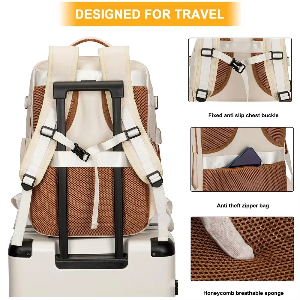 sac dos oxford beige polyester antivol doublure respirante portusb bandoulière arquée grandecapacite voyage loisir sac portable week-end