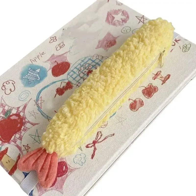 1 pièce, trousse à stylos super mignonne en forme de queue de crevette frite, organisateur de papeterie portable monocouche avec doublure en polaire de style ins, pour étudiants.