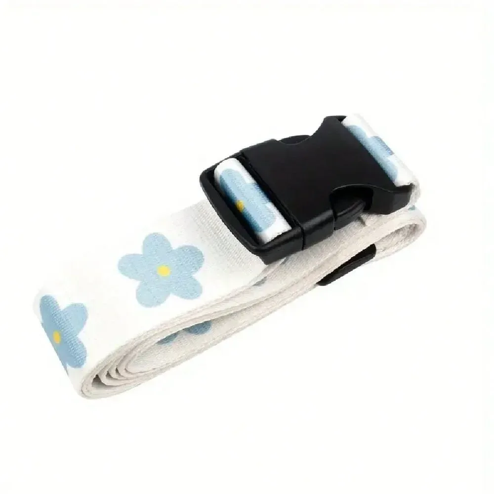 sangle à boucle en plastique pour bagages de voyage, sangle de bagage réglable à imprimé floral, fermeture à boucle, noir avec motif floral blanc