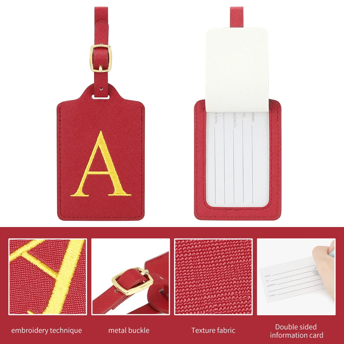étiquettes de bagage miyin 26 lettres en cuir pu pour valises, protection de la vie privée, accessoires de voyage essentiels, rouge éclatant