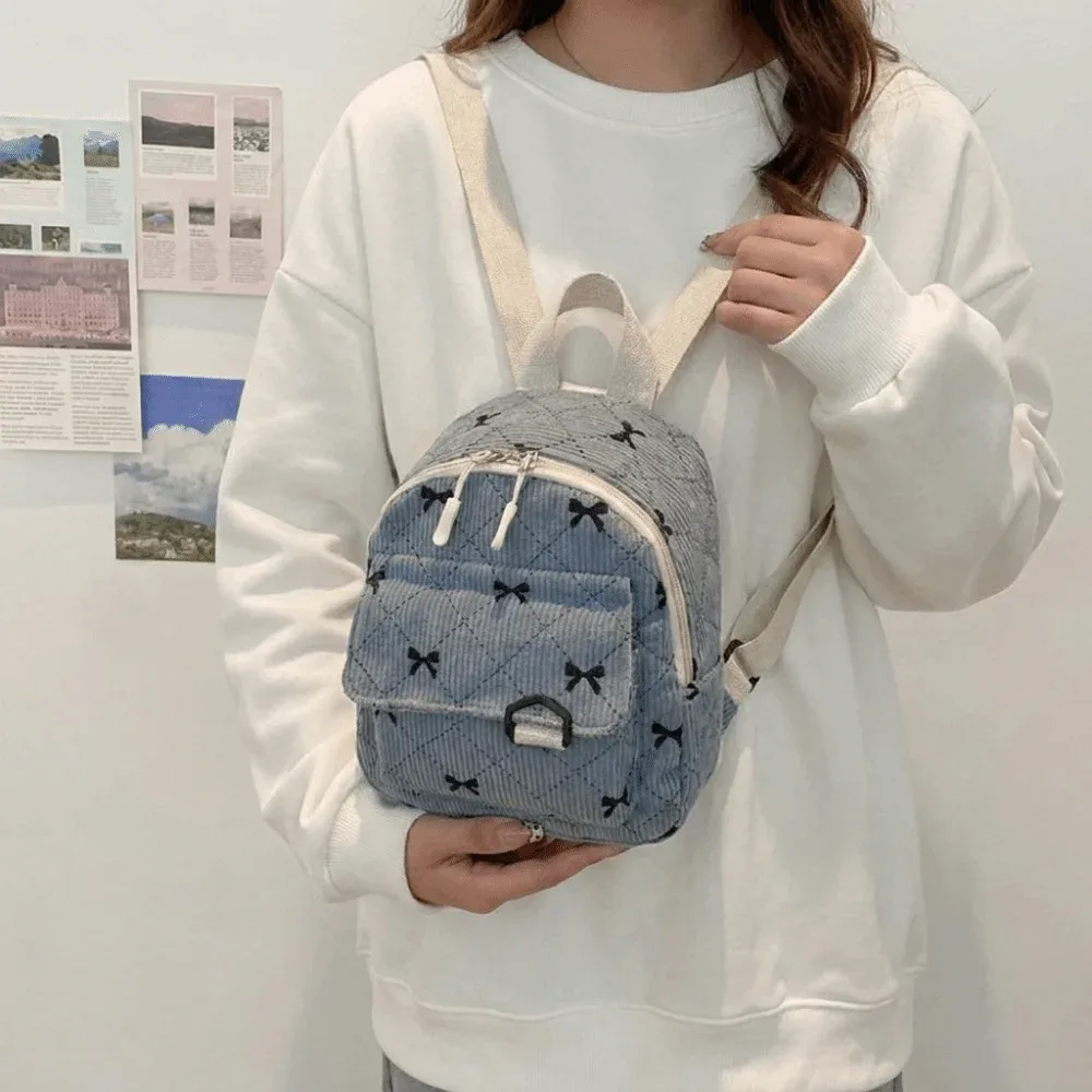 sac à dos mini décontracté en velours côtelé, imprimé nœud papillon, sac à dos multi-nœuds, sac de rangement pour cosmétiques, sac à bandoulière léger pour les trajets quotidiens
