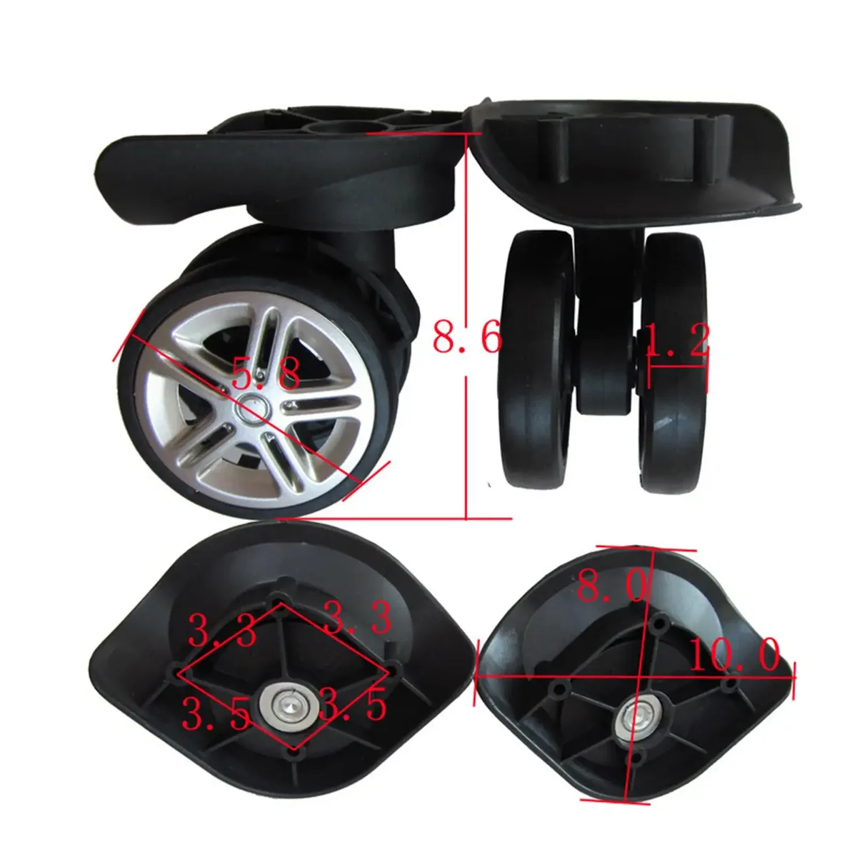 roues rechange bagages nylon noires pivotantes muettes diamètre cinquante huit millimètres usage voyage reparation accessoires