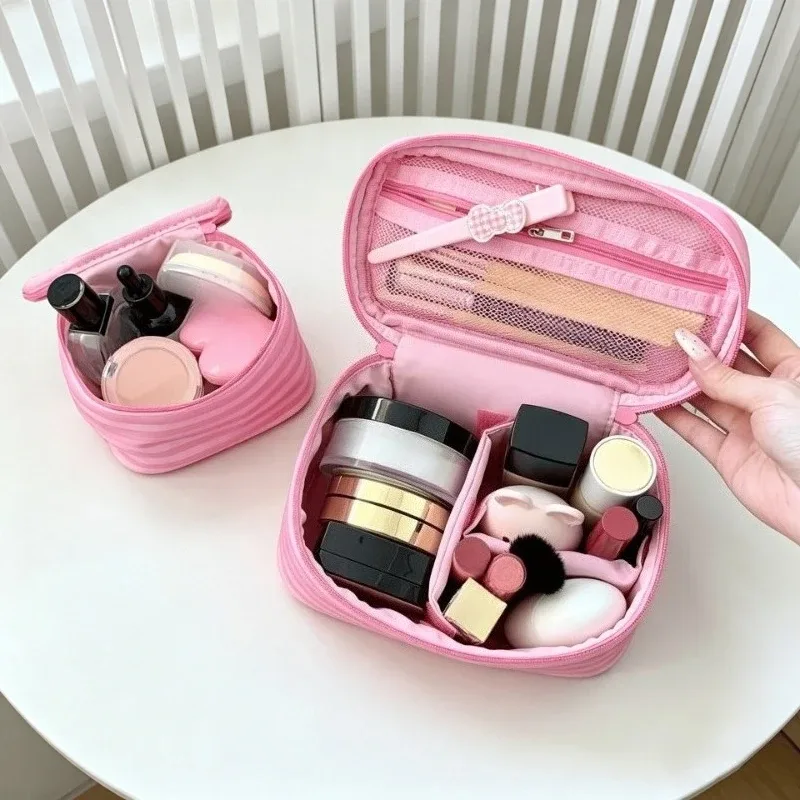 grande trousse de toilette de voyage pour femmes, organiseur de cosmétiques, étui de rangement, sac à main rose rayé tendance, sac à cosmétiques pour femmes