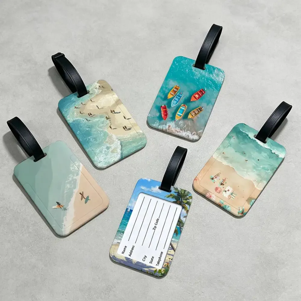 étiquette de bagage en pvc avec carte d'informations, motif mer, océan, bateau, art mural, étiquette anti-perte pour valise, sac à dos, accessoire de voyage