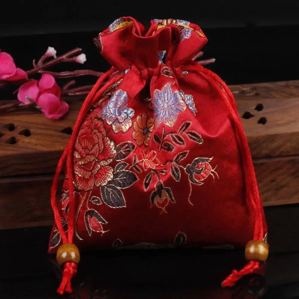 sac à cordon brodé floral, porte-monnaie, sac à bonbons, sac d'emballage pour bijoux, sac à sucre festif de grande capacité de style chinois