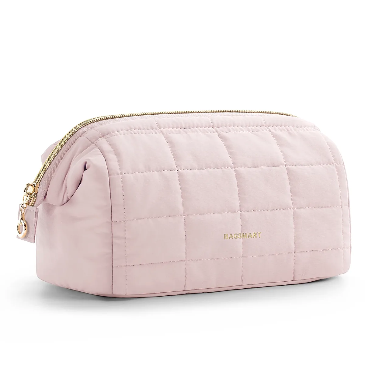 trousse toilette cosmétique taslan rose motif coutures quadrillées rectangulaire glissière dorée voyage femmes maquillage