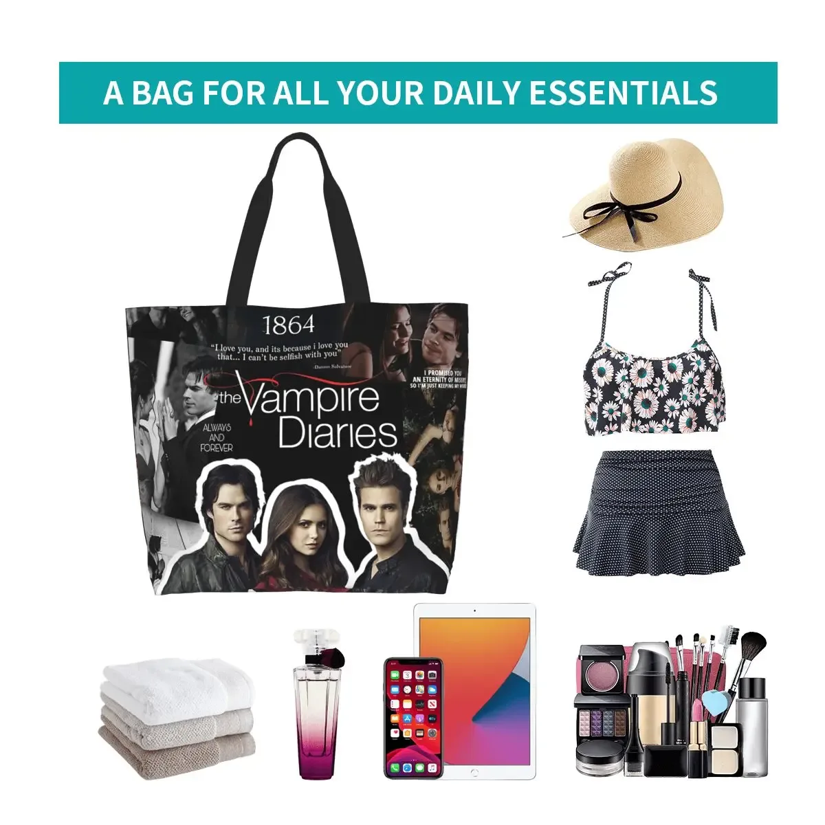 the vampire diaries – sac fourre-tout en toile pour femmes, sac à bandoulière de grande capacité, sac à main pour courses