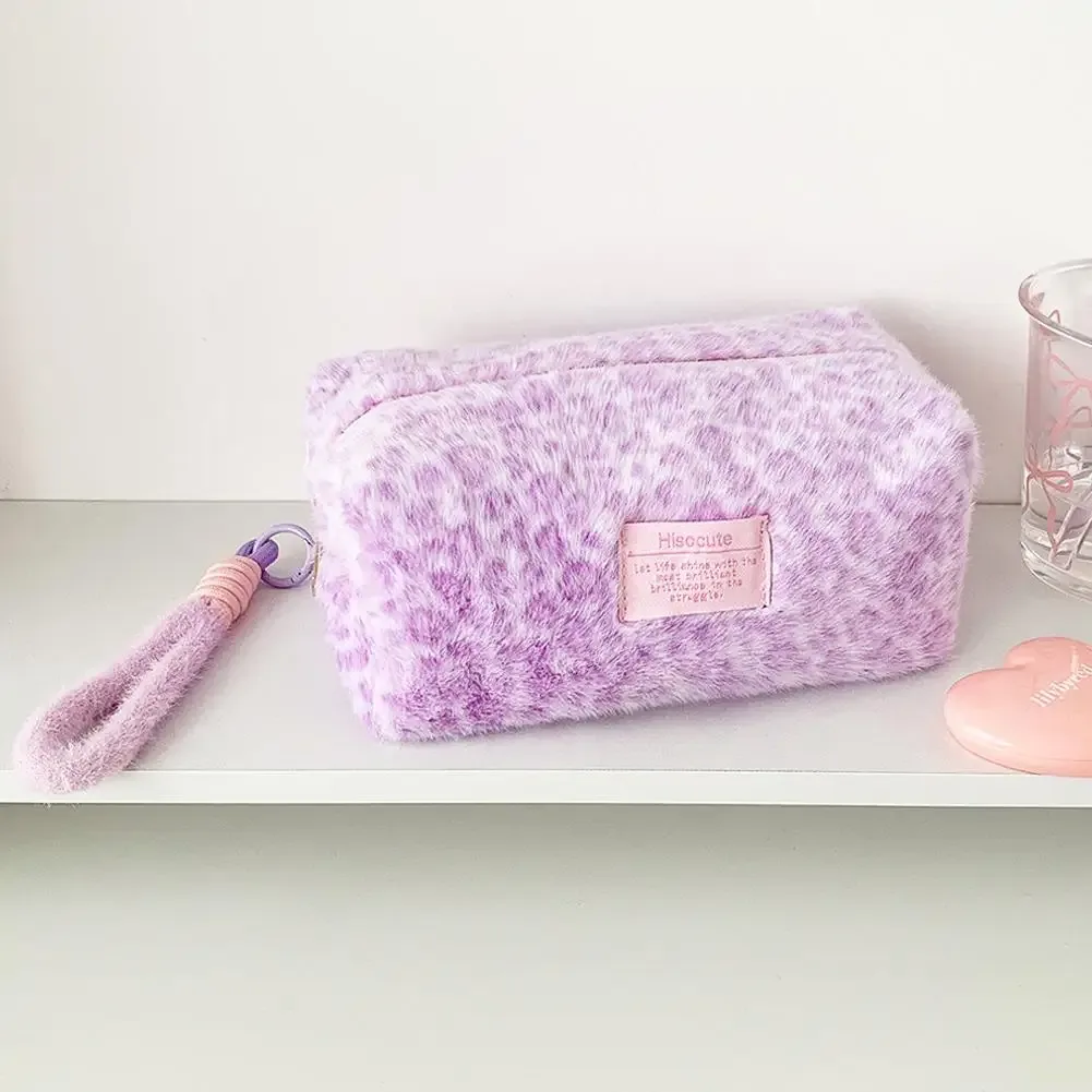 sacs à maquillage en peluche à imprimé léopard avec poignée, sac de rangement cosmétique de voyage portable, trousse de toilette, trousse à crayons mignonne, sac à main tendance
