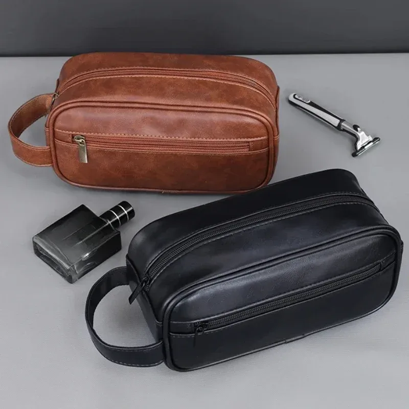 sac de lavage en cuir pour hommes, sac de voyage, voyages d'affaires, sac à cosmétiques portable, grande capacité, conception multi-poches, sac de lavage en cuir
