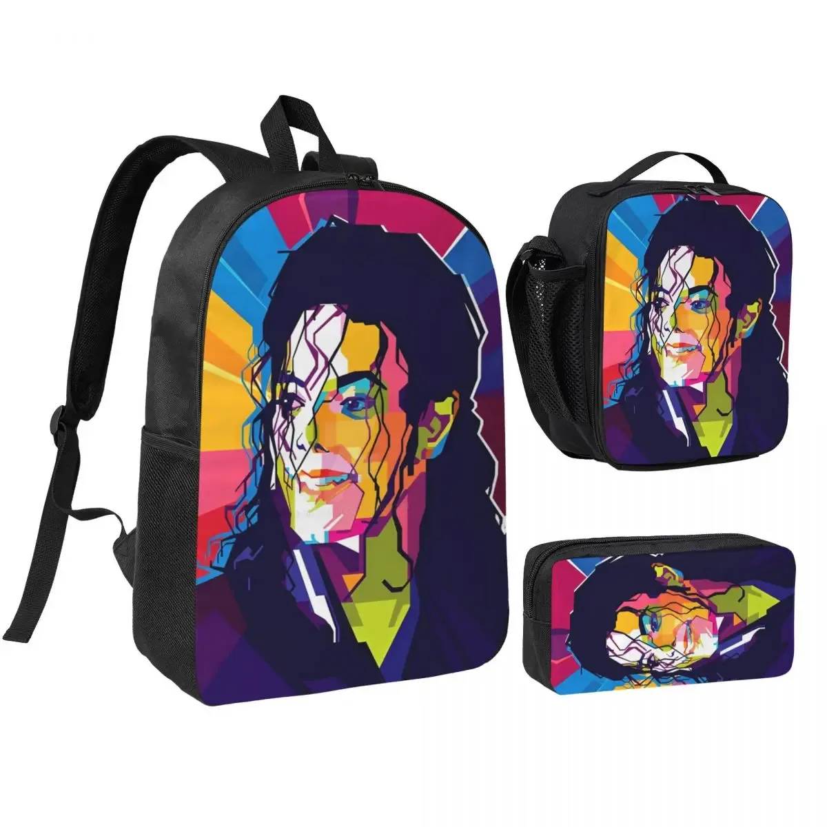 sac à dos mj pop king 3 pièces/ensemble pour étudiant, sac à bandoulière, sac à déjeuner, trousse à crayons