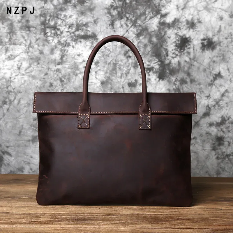 nzpj – mallette rétro en cuir pour hommes, sac à main décontracté, couche supérieure en peau de vache, sac d'affaires pour tablette, pochette fine pour ordinateur portable 16 pouces
