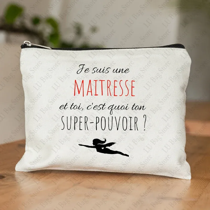 trousse de maquillage pour femmes, thème enseignant, étui à cosmétiques inspiré de maitresse avec motif éducatif de conception de style français, portefeuille pour le travail ou l'école