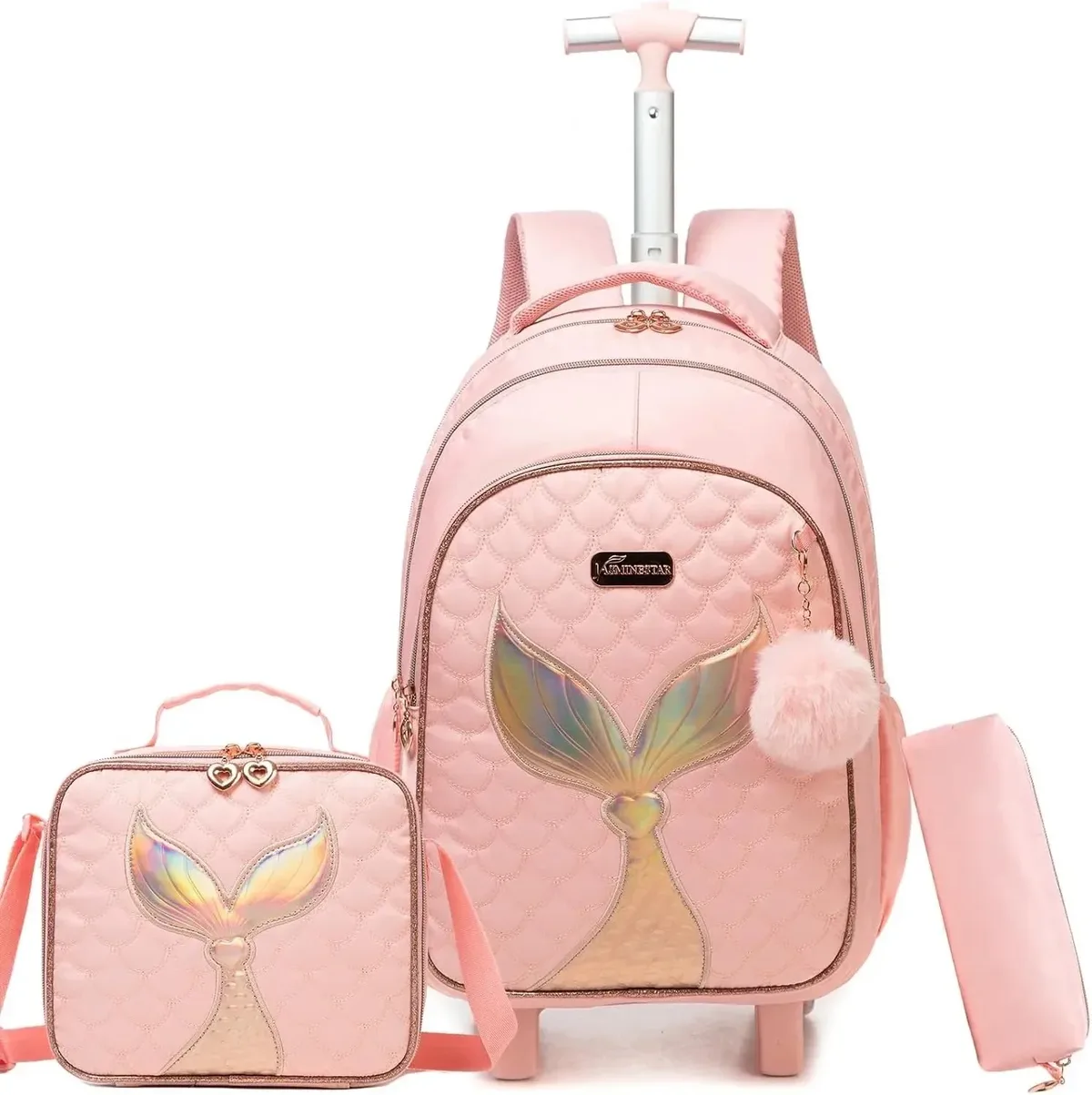 sac dos polyester toile dessin animé bleu pastel coeurs dorés love scolaire transport voyage filles