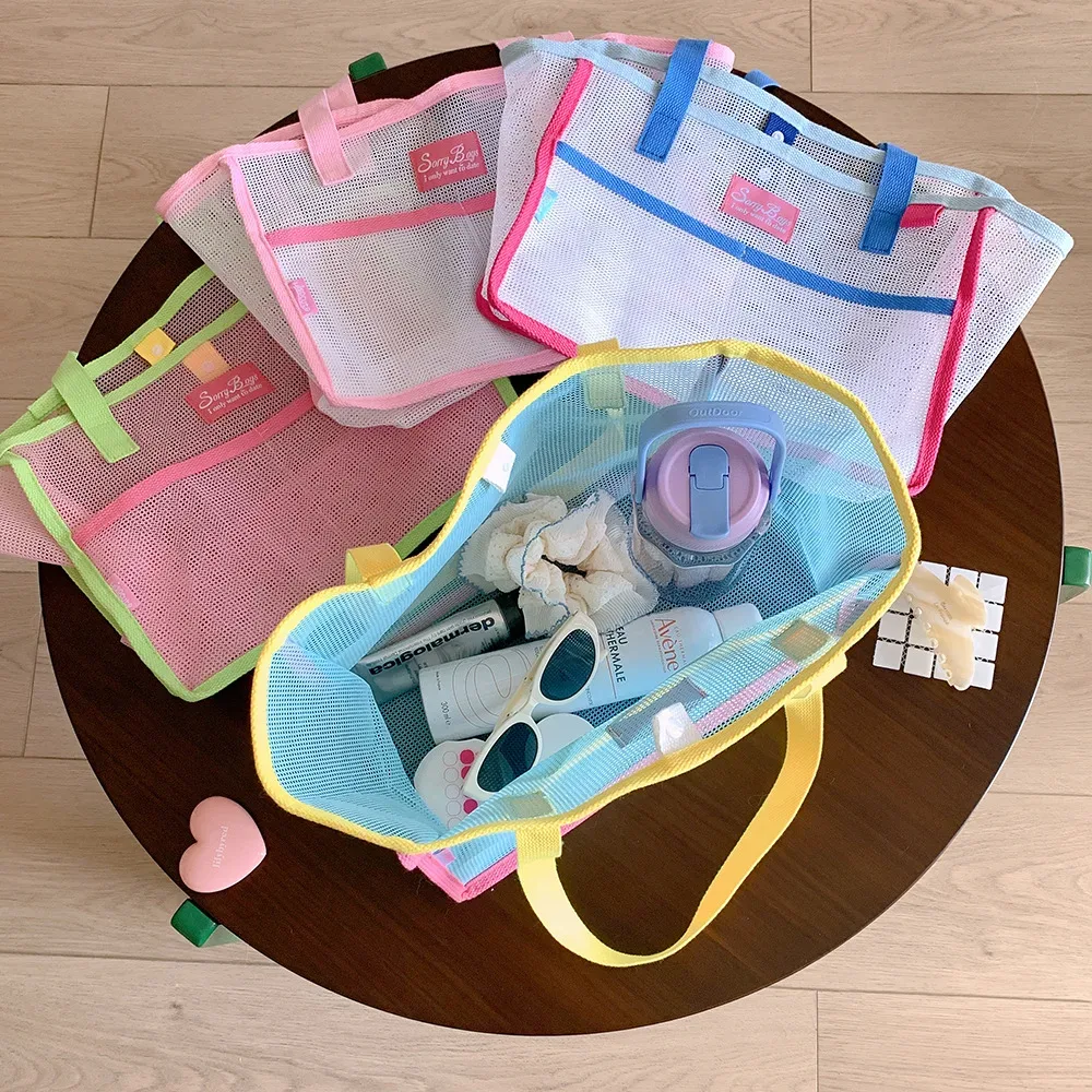sac fourre-tout en maille mignon, sac de plage portable, respirant, à séchage rapide, pliable, grande capacité, sac à bandoulière pour femmes et filles