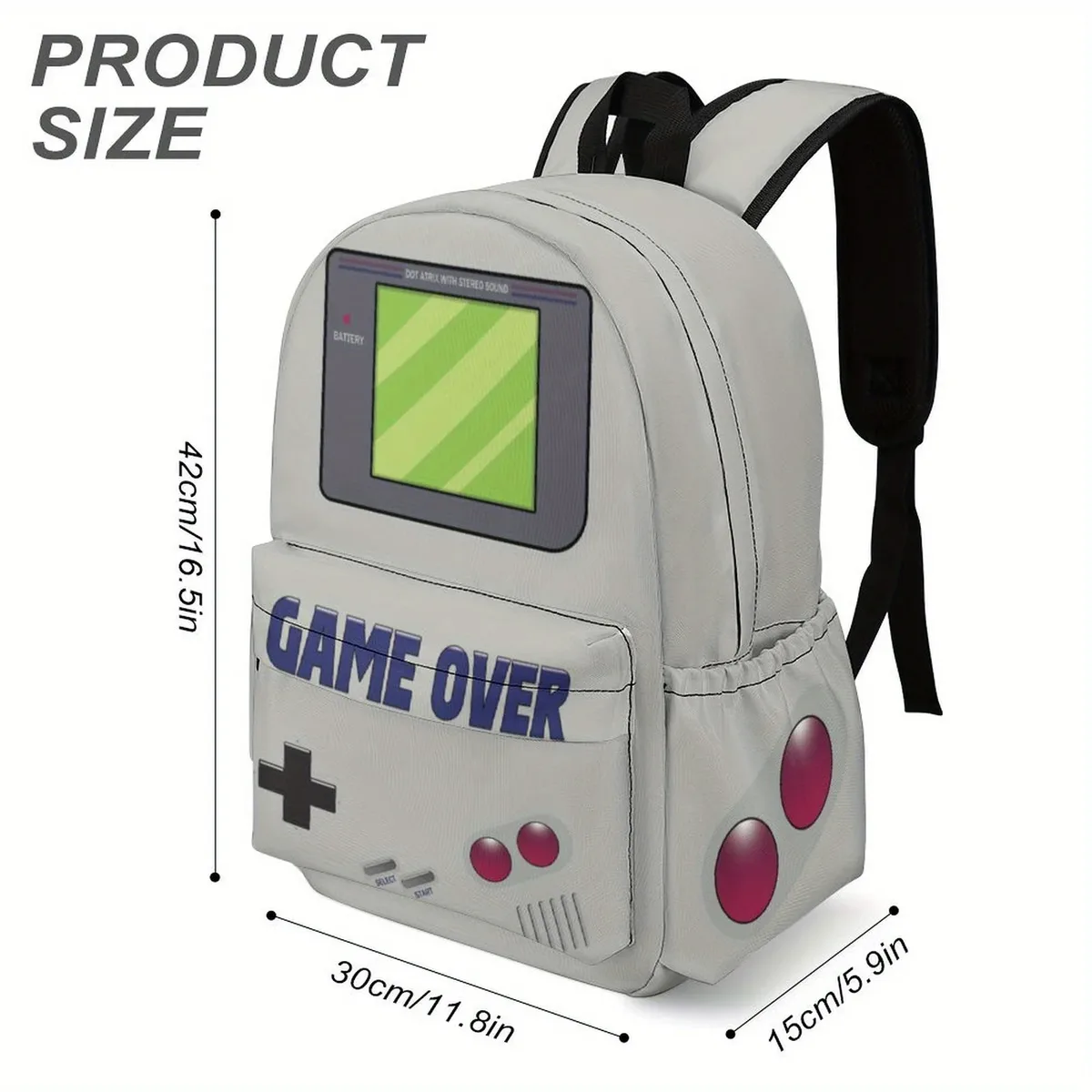 sac à dos gamer léger en tissu oxford avec motif « game over » et design rétro de manette de jeu