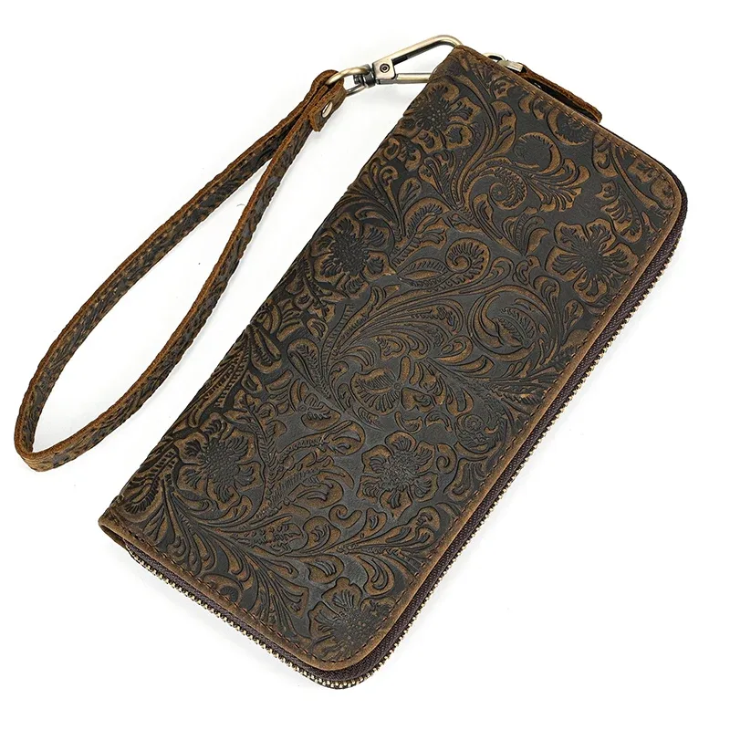 luufan-long sac à main en cuir de cheval vintage pour hommes et femmes, portefeuilles à double fermeture éclair pour carte de crédit, pochette pour homme