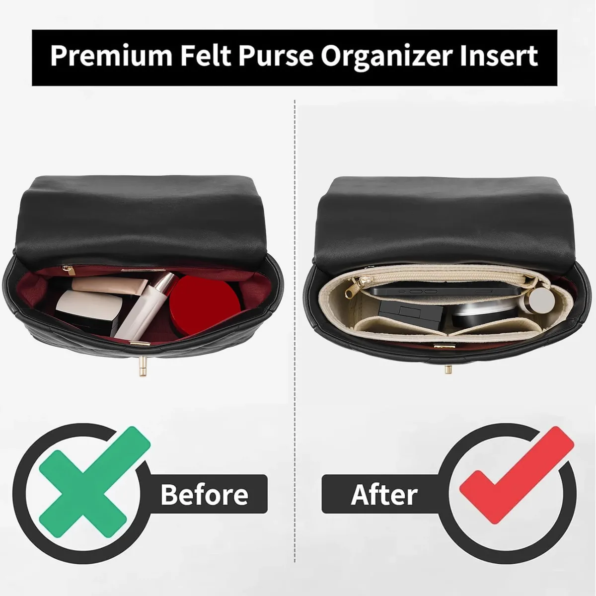 insert organisateur de sac à main en feutre avec fermeture éclair – pochette intérieure pour sacs à bandoulière, sacs à main et fourre-tout, sac de rangement pour femmes, 3 tailles