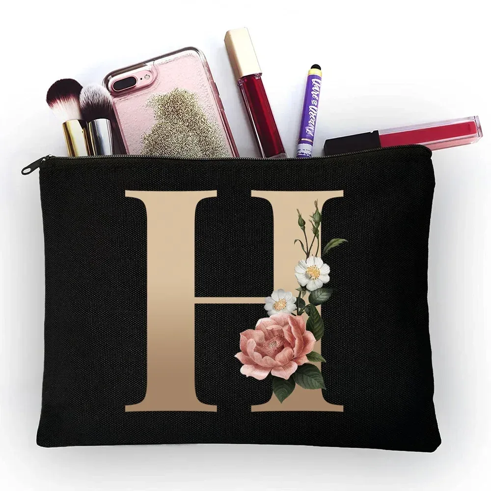 trousse de maquillage pour filles, sac de rangement classique à motif de lettres dorées, pochettes pour sacs de voyage, pochette à cosmétiques pour femmes