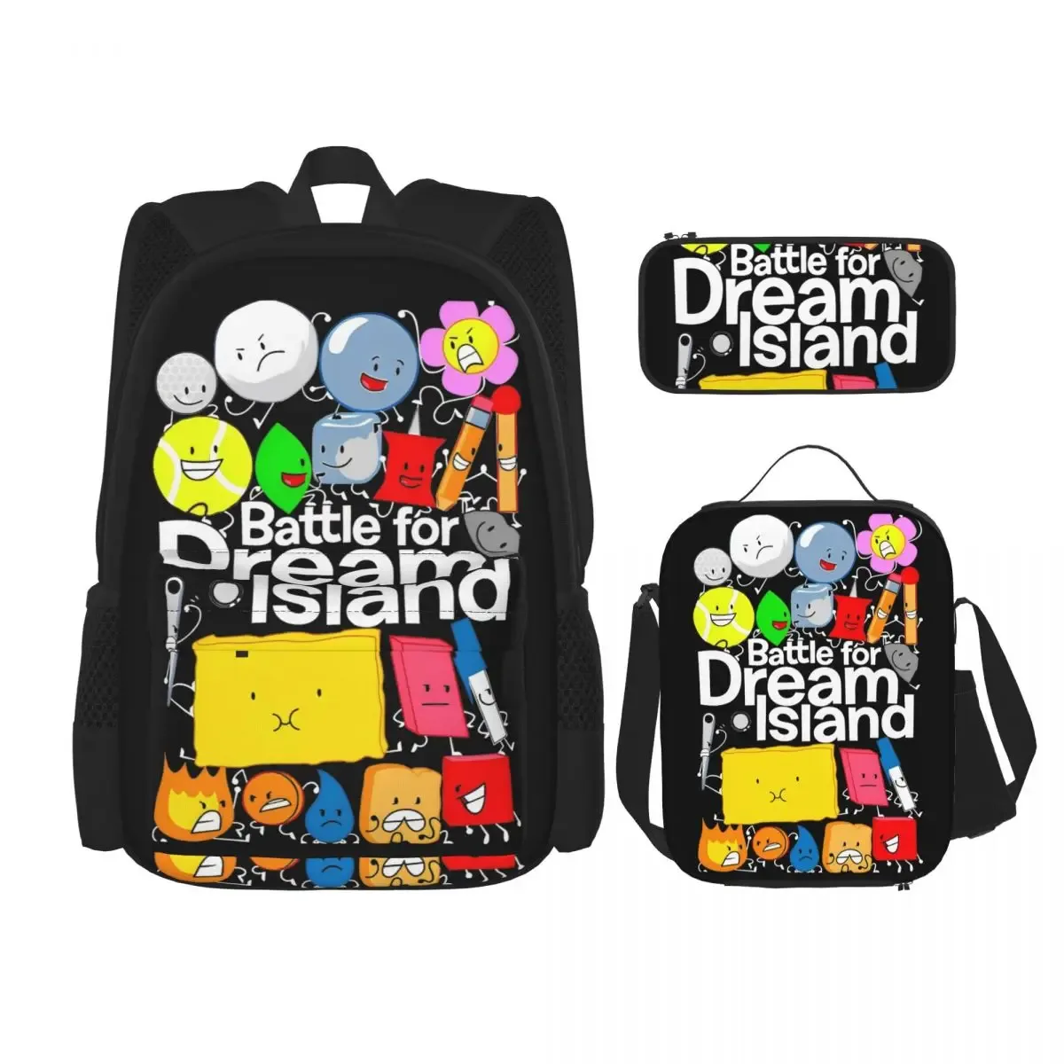 bfdi battle for dream island 3pecs/ensemble sac à dos pour étudiant collège sac à bandoulière sac à déjeuner trousse à crayons