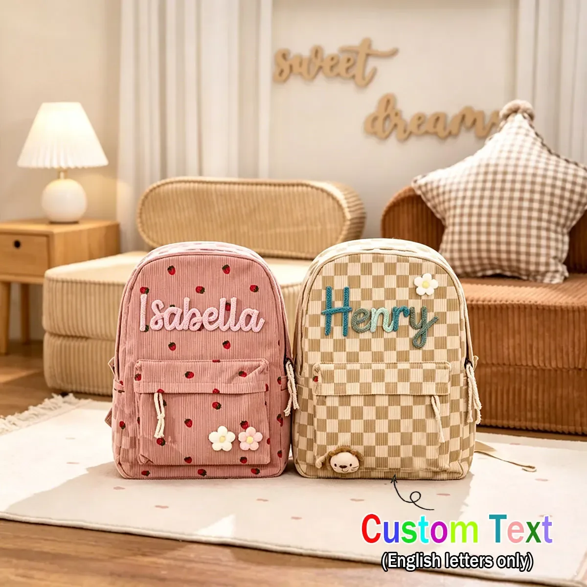 sac à dos personnalisé en velours côtelé, motif fraise/à carreaux, simple et spacieux, cadeau parfait pour la rentrée scolaire