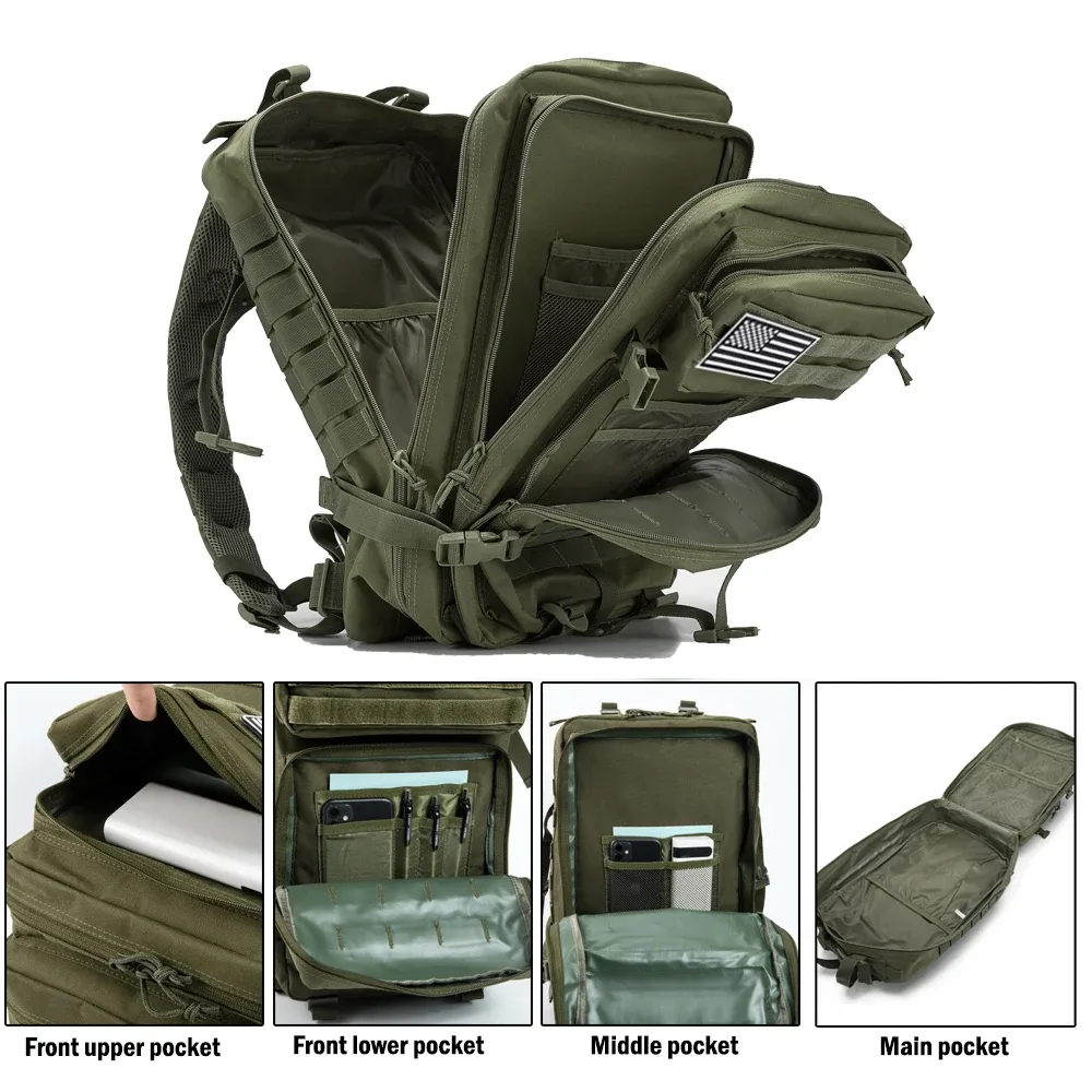 sac dos polyester olive bandes noires compartiments fermetures éclair sangles ajustables survie plein air trekkings chasse hommes