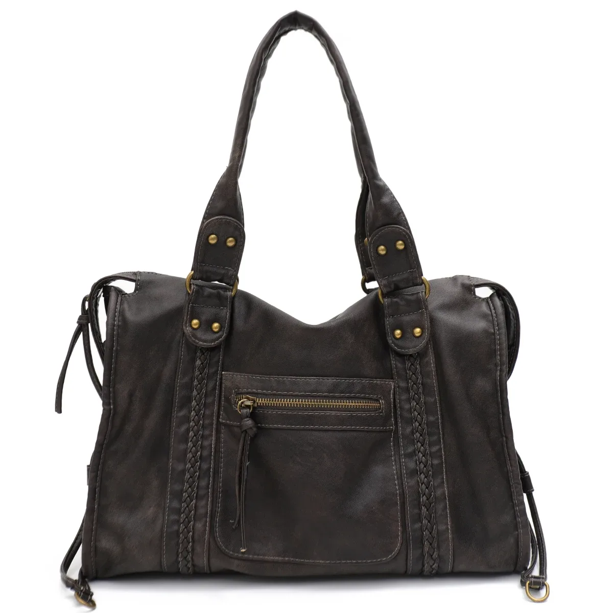 vintage lavé en cuir pu grande capacité fourre-tout poches zippées tresse décor épaule sac à bandoulière unisexe femmes voyage quotidien sac à main