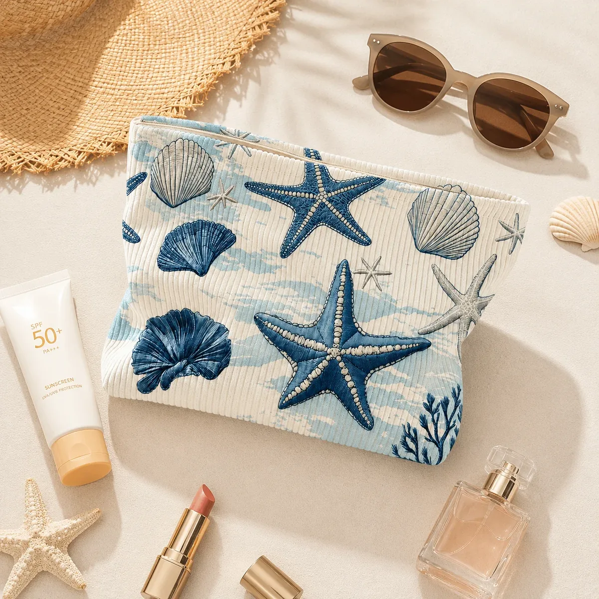trousse de maquillage en velours côtelé motif étoile de mer et coquillage, grande pochette de voyage zippée pour femmes, idéale pour les vacances à la plage
