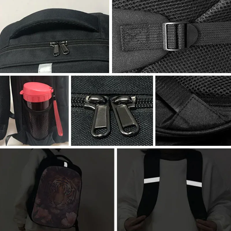 sac dos polyester noir personnalisable géométrique bandouche réfléchissante ouverte fendue décontracté voyager etudier transport laptop