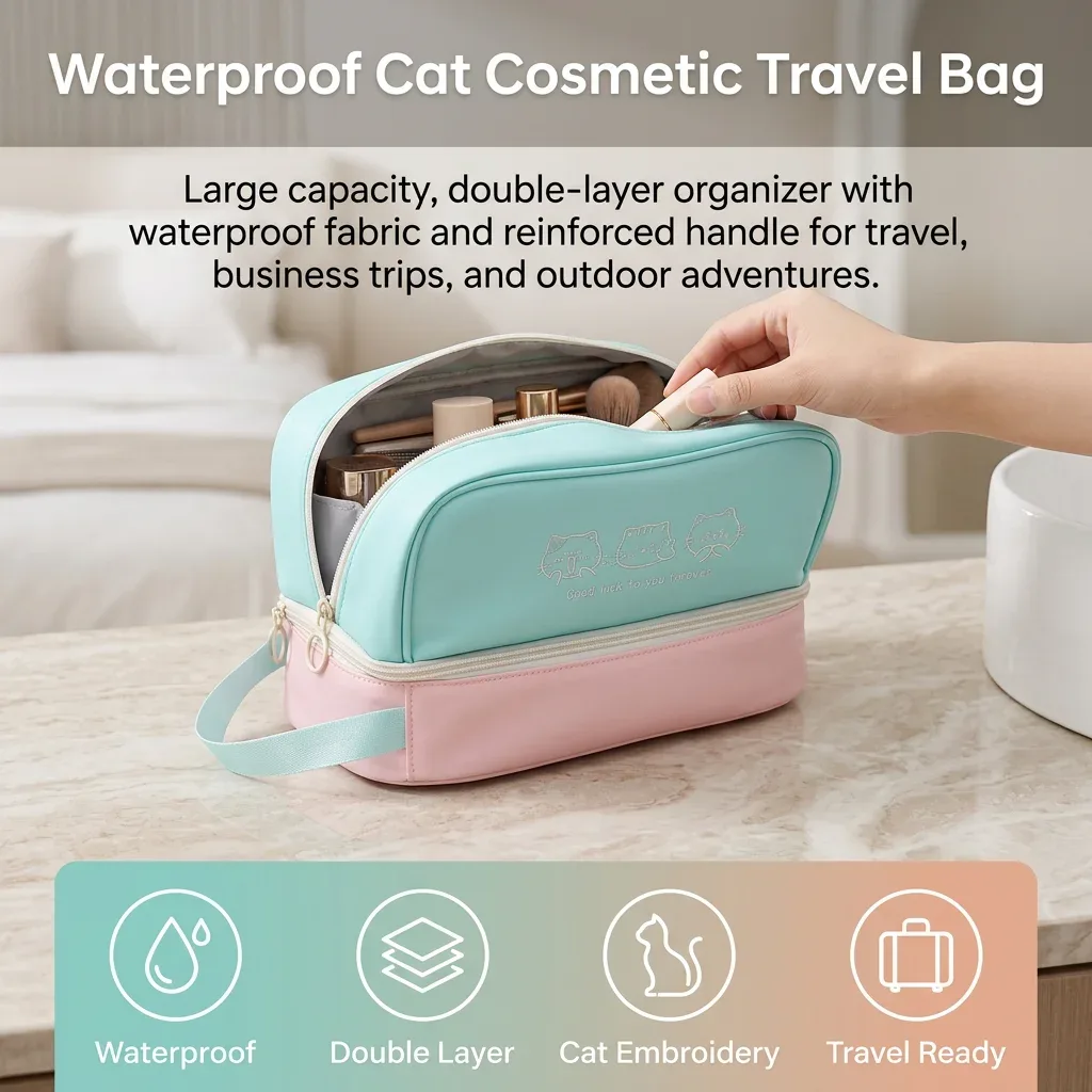 trousse de maquillage imperméable grande capacité double couche avec broderie chat pour voyage, articles de toilette, cadeau pour dortoir