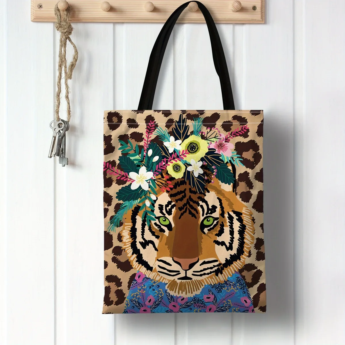 sac fourre-tout avec illustration d'un tigre portant une couronne sur un fond imprimé léopard, parfait pour le shopping, 1 pièce