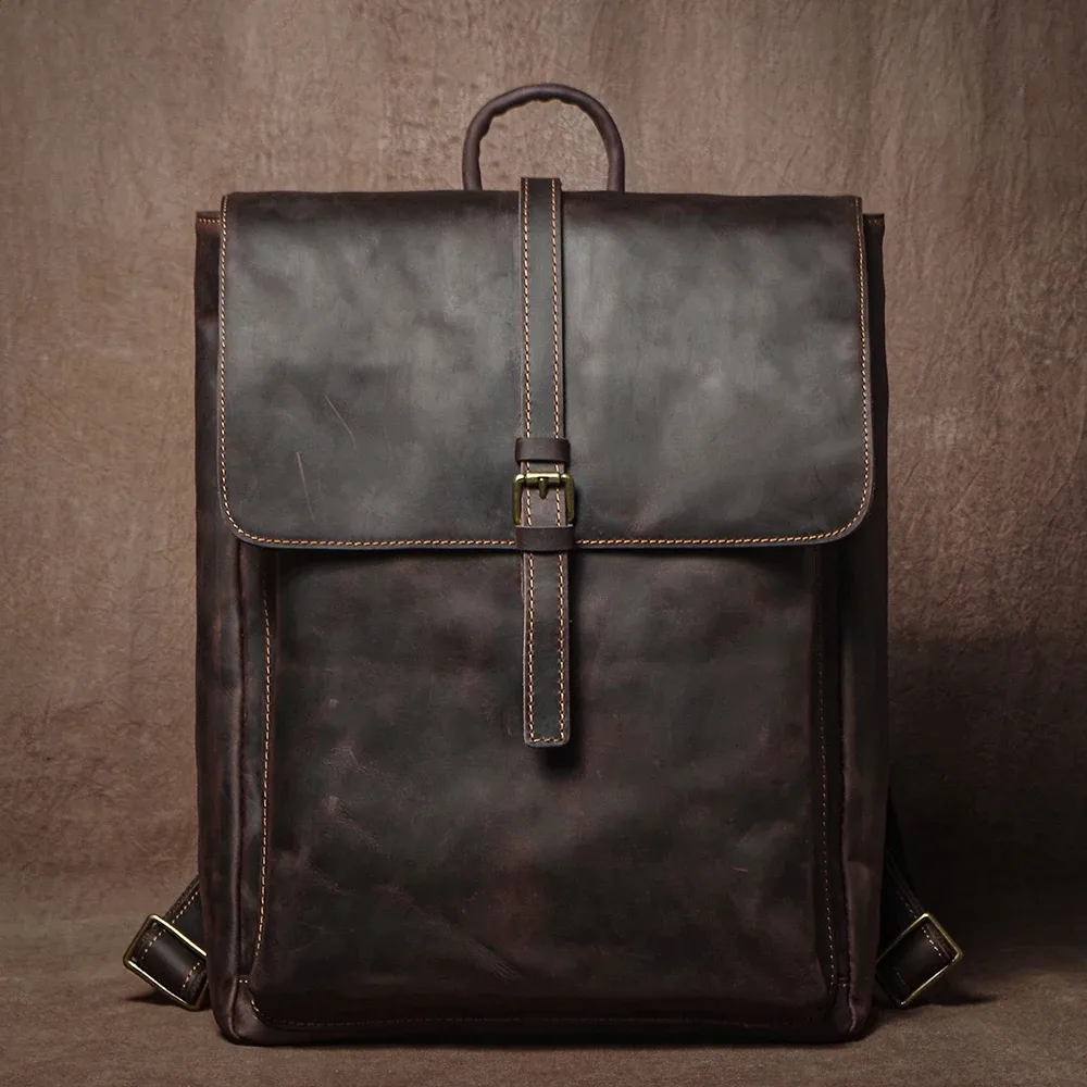 guro – sac à dos rétro en cuir véritable pour hommes et femmes, sac de voyage à rabat simple, en cuir de vache naturel, cartable de luxe, sacs à dos de banlieue quotidiens