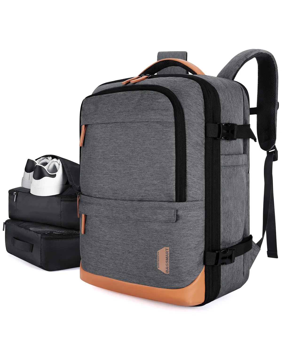 sac dos polyester violet gris marron rectangulaire transport bandes latérales compartiments zippés poche latérale ergonomique expandible voyage weekender