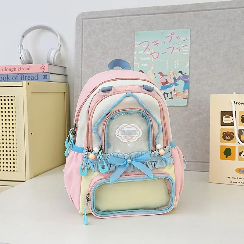 sac à dos coréen à nœud papillon, grande capacité, esthétique soignée, couleur transparente contrastante, pour l'école