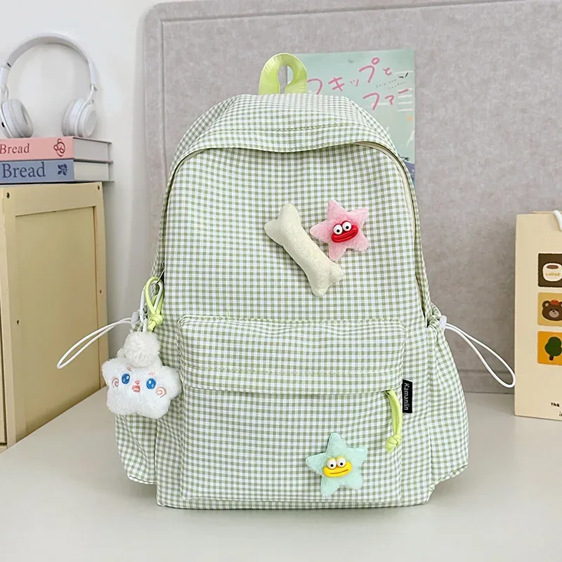 sac à dos pour femme style campus, motif écossais simple, grande capacité, décontracté, pour voyage, sac à double bandoulière en nylon, style frais et doux