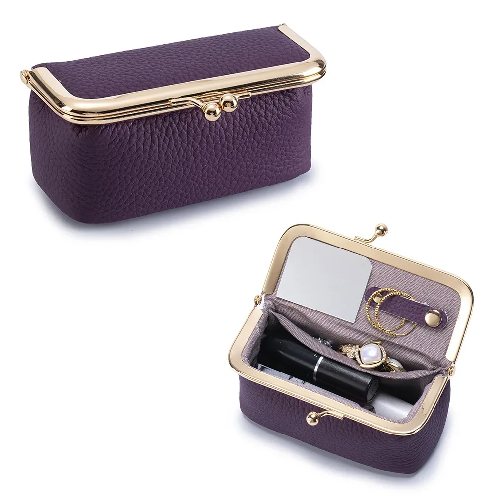 trousse de rangement portable en cuir pour femmes avec fermeture kiss-lock, miroir intégré, organiseur pour rouge à lèvres, bijoux, écouteurs, idéale pour les voyages