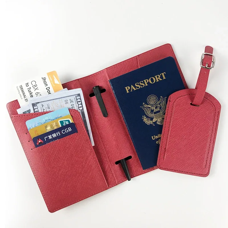 lettres personnalisées saffiano pu cuir voyage passeport couverture bagages étiquette ensemble multifonctionnel stylo billet carte de crédit porte-passeport