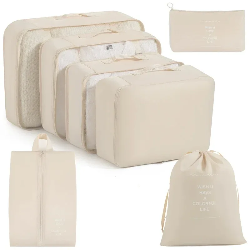 organisateur voyage polyester beige clair compartiments visibilité optimal organisation vêtements chaussures articles toilette sac respirant ventilation séchage rapide set pièces pliable