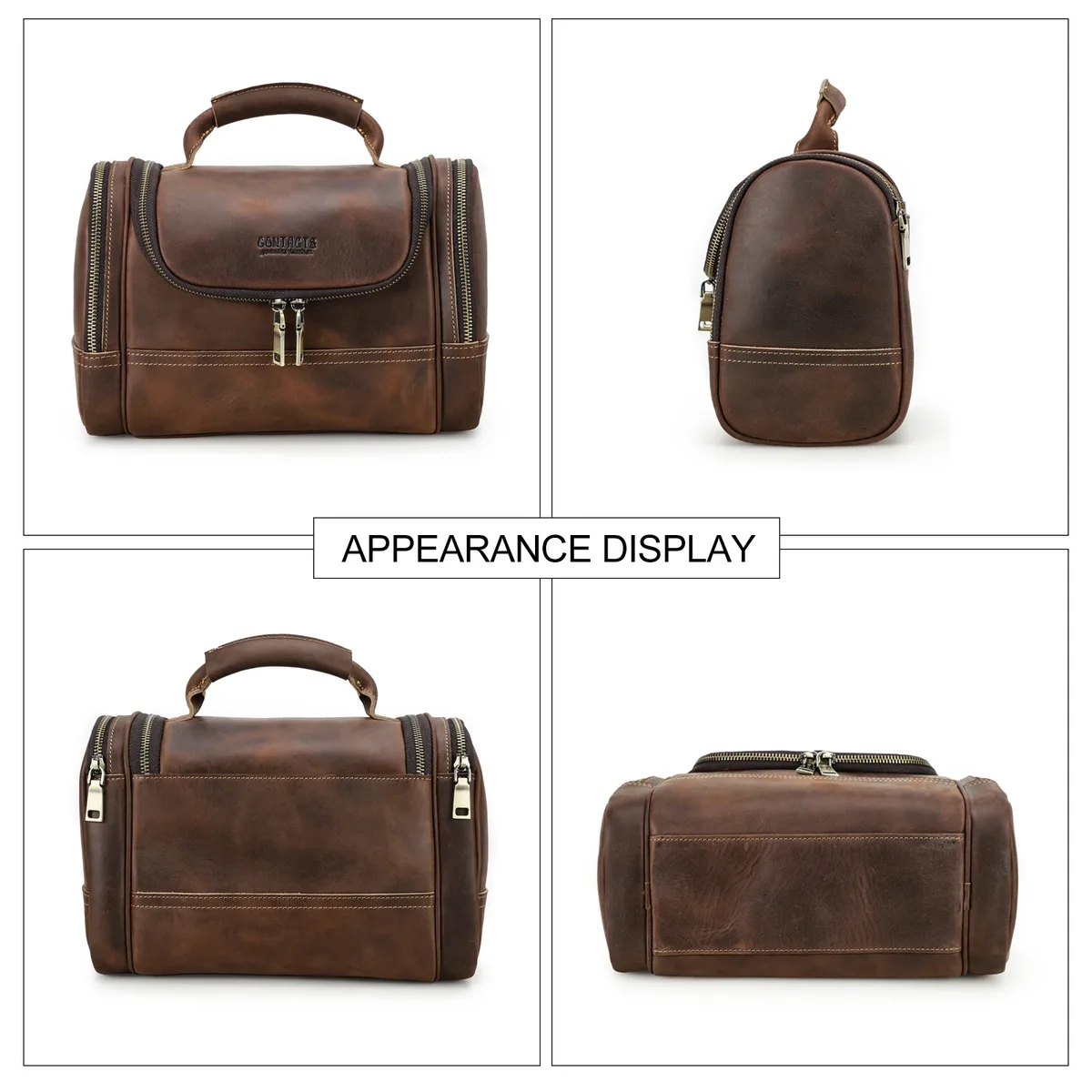 trousse toilette cuir vache marron vieille crazy horse multi compartiments zip bandes contrastantes travail affaires voyage