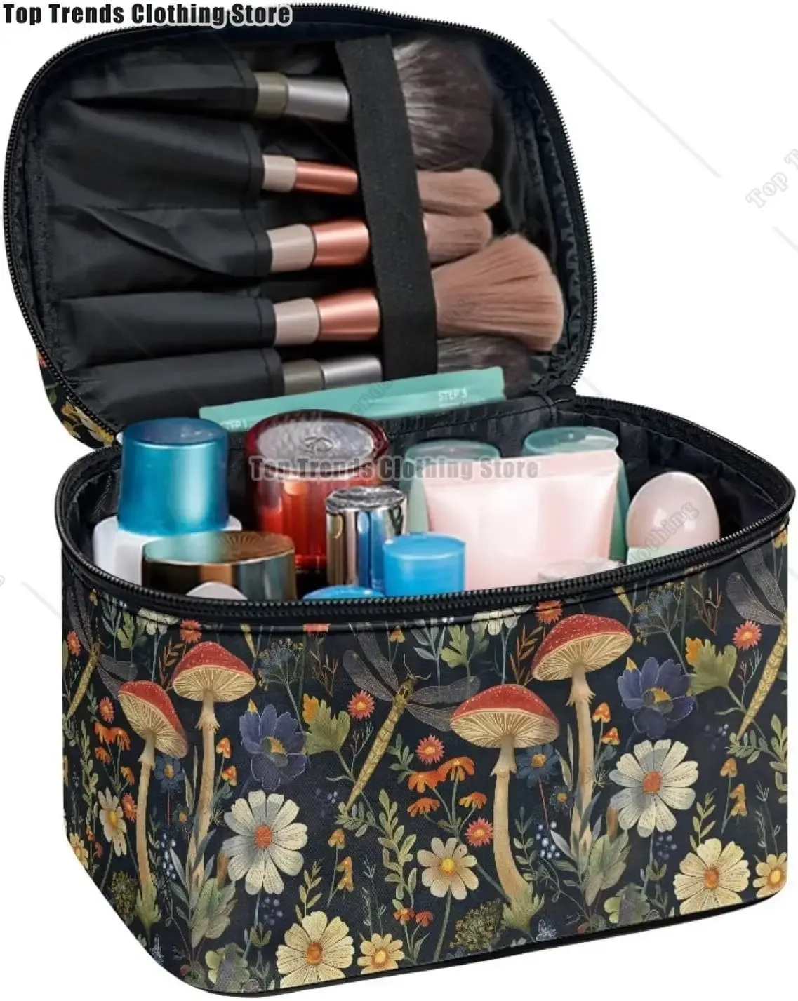 trousse polyester motif floral champignons poignée noire bleu jaune rouge vert voyage maquillage cosmétiques
