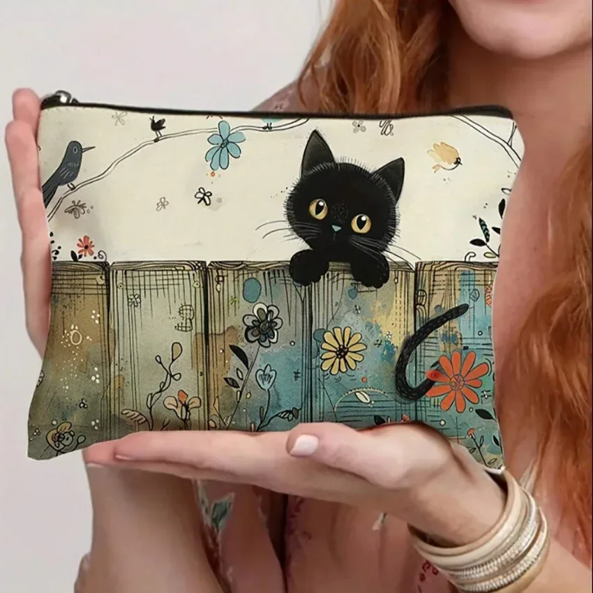 chat, fraise fille, motif d'amitié, sac de voyage, sac à fermeture éclair en polyester imperméable, cosmétiques, accessoires