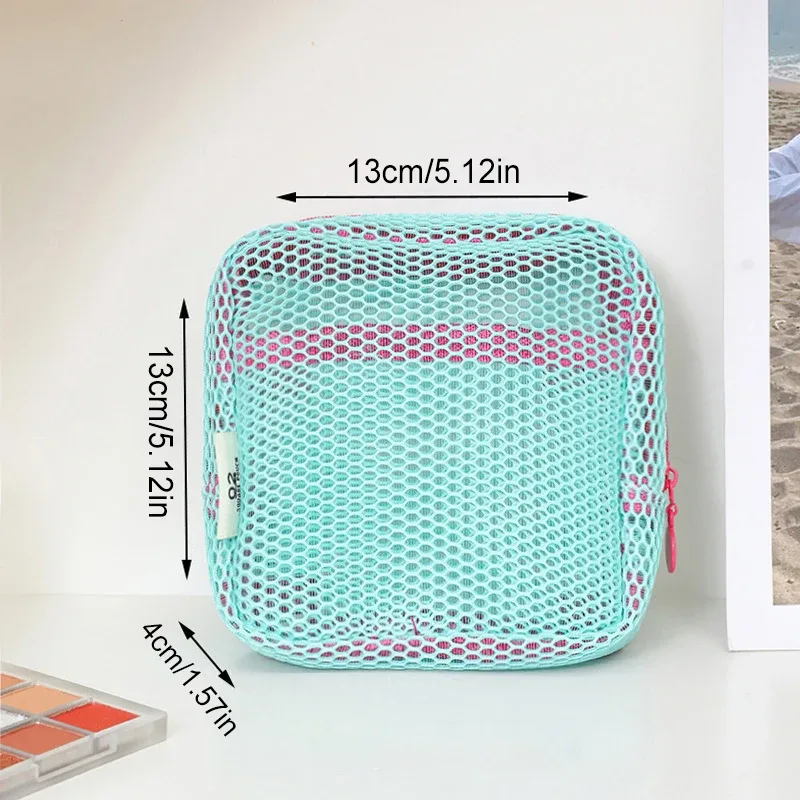 sac de rangement cosmétique carré portable avec fermeture éclair, sac cosmétique carré en maille, sac de rangement multi-usages pour articles divers