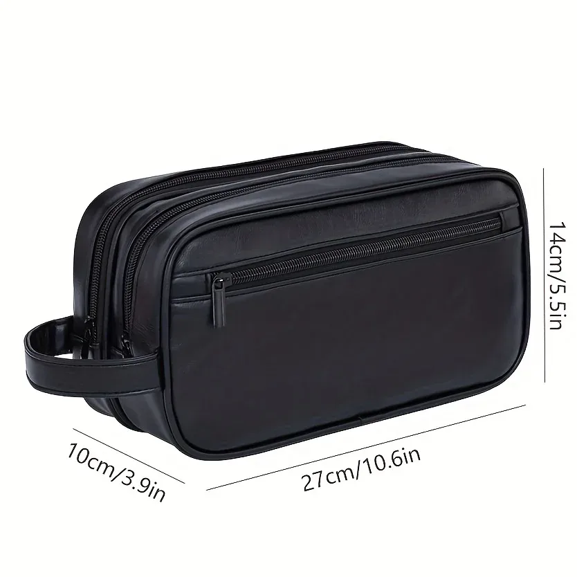 trousse toilette cuir synthétique noir gravure lettre poignée latérale voyage sport affaires sac cosmétiques imperméable