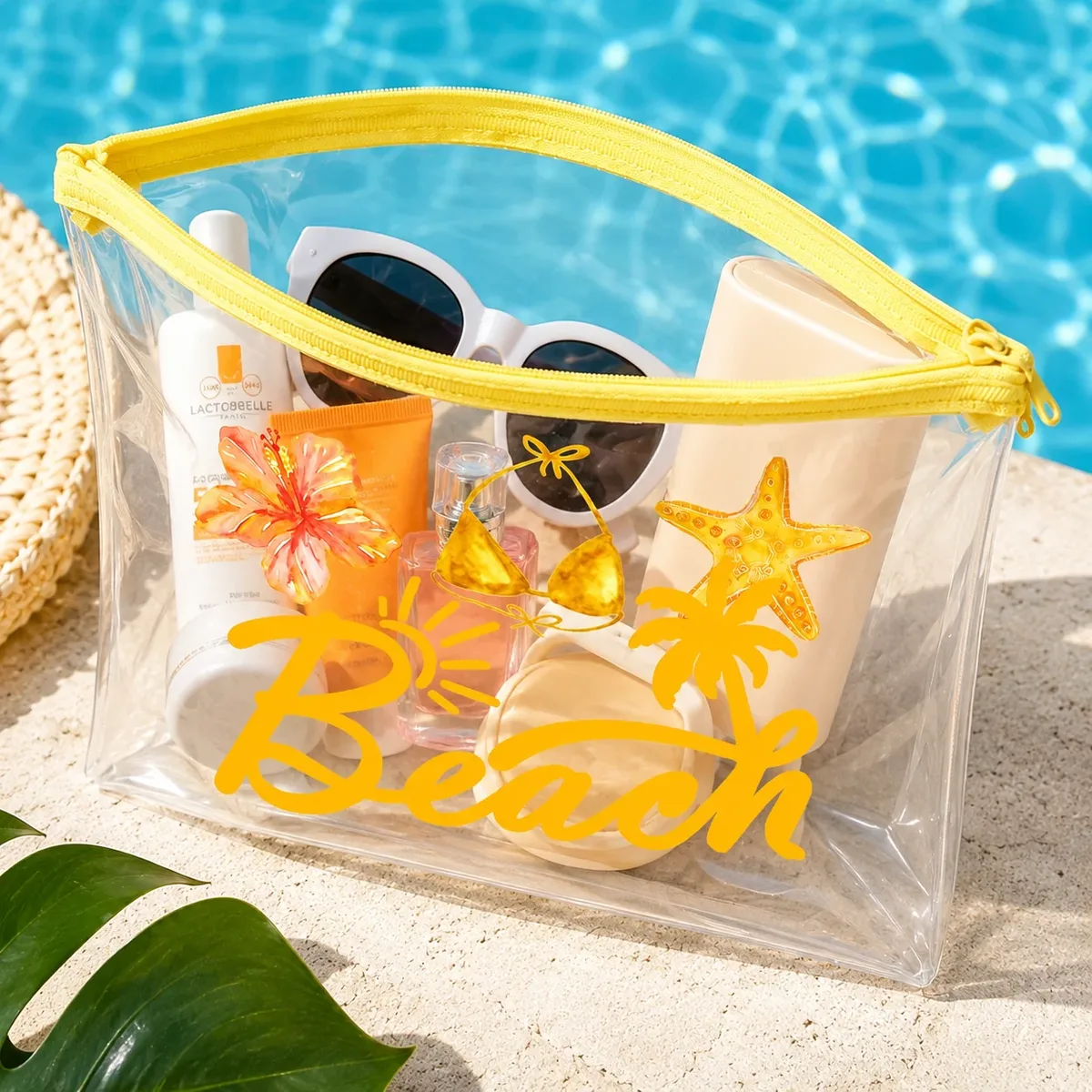 sac cosmétique transparent en pvc style plage tropicale avec fermeture éclair jaune, trousse de toilette de voyage pour femme, essentiels pour la piscine, les vacances et la natation