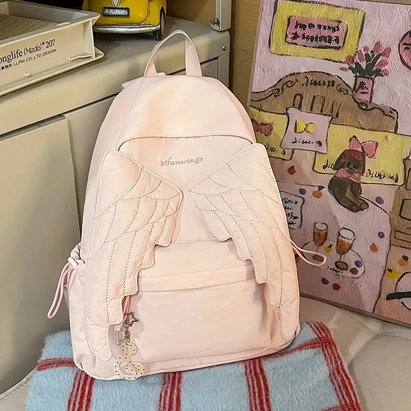 sac à dos aile d'ange y2k en toile, grande capacité, sac d'école, sac de voyage kawaii, léger, couleur unie. ﻿