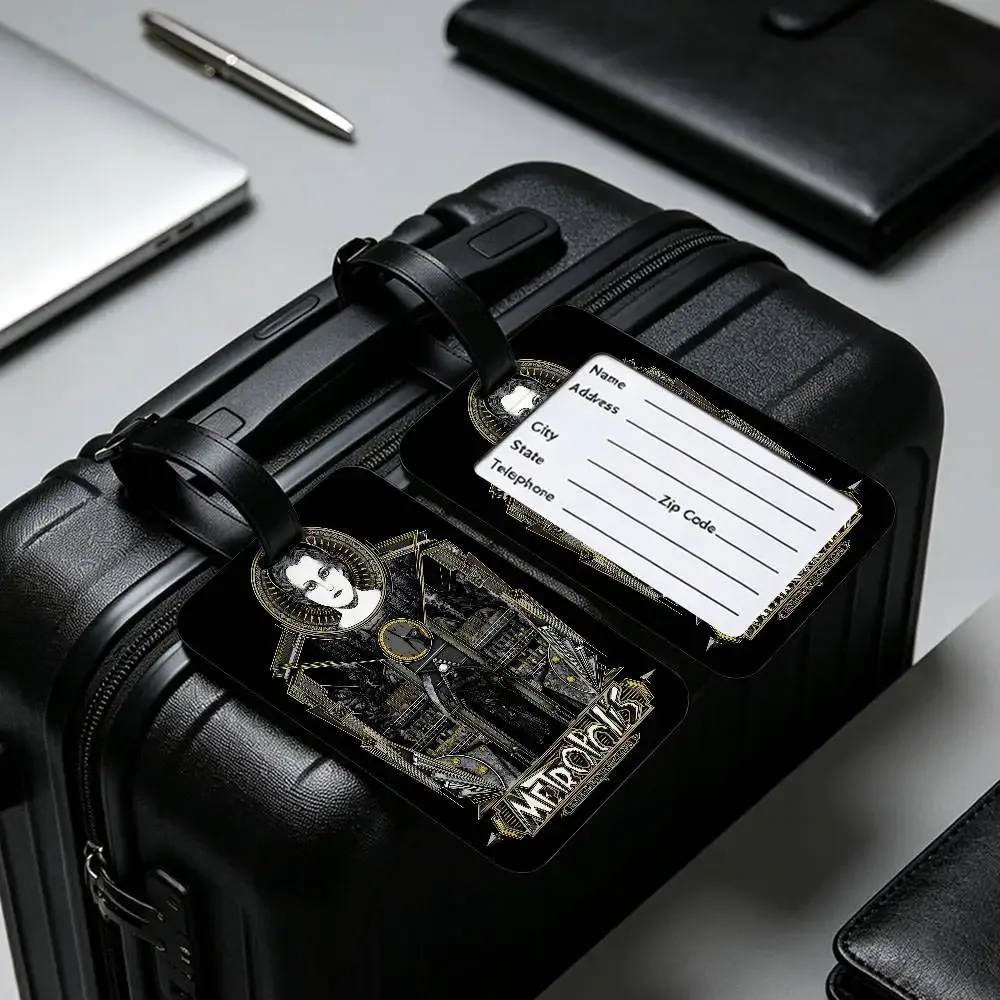 étiquette de bagage en pvc légère anti-perte, style rétro années 80, inspirée du film metropolis (allemagne), avec pochette amovible pour carte d'information, pour sac à dos